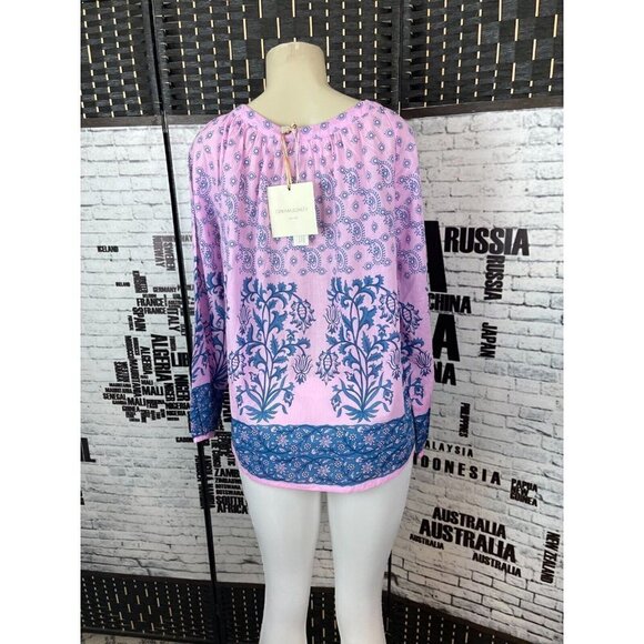 Cynthia Rowley M Pink Woven Floral Print Cotton Tie Tassel Neck Long Sleeve Top - Picture 2 of 5